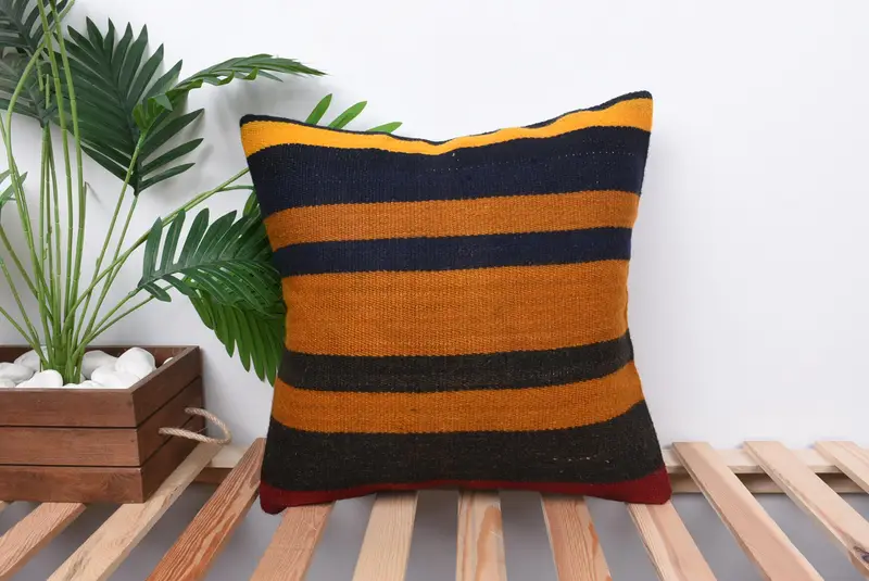 Pillow, Decorative Bolster Cushion, Gift Pillow, Seat Cushion Case, 18x18 Orange Pillow Cover, Vintage Pillow, Vintage Kilim Pillow - 1