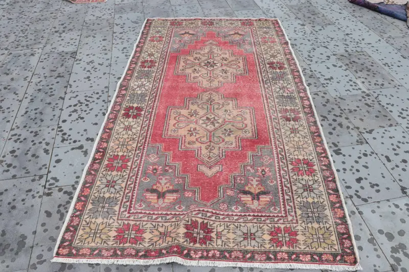 4.4x8.2 ft Türk Halısı, Vintage Alan Halısı, Kırmızı Gri Puantiyeli Yün Halı - 1