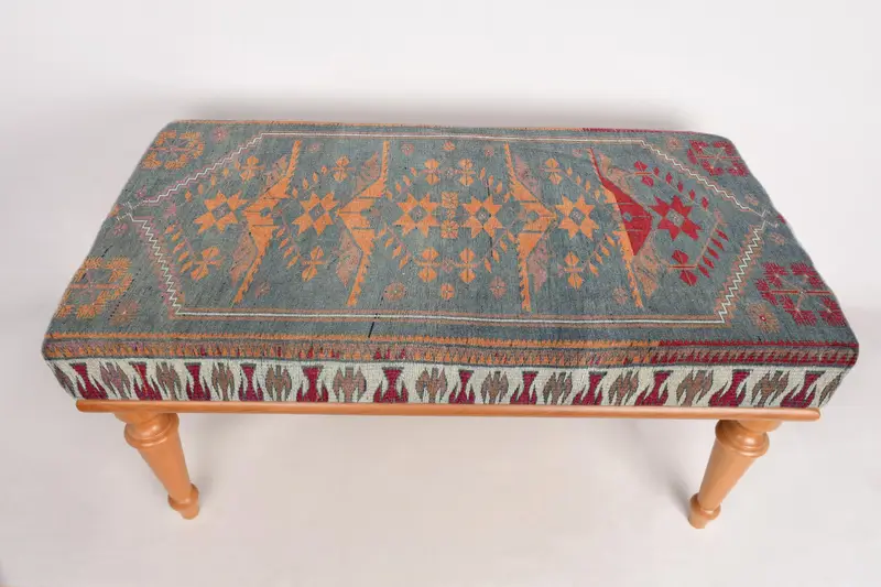 Modular Ottoman Set, Green & Orange Wool Blend Kilim-Inspired Ottoman