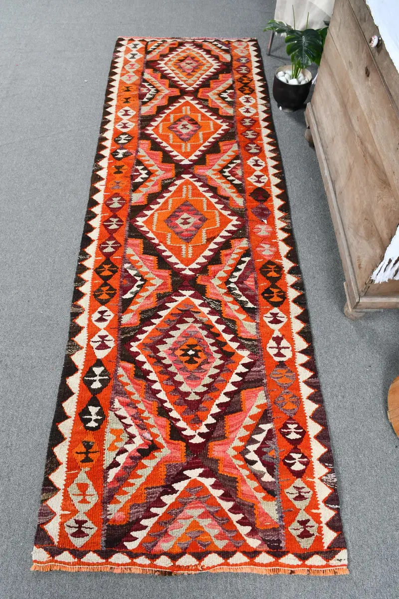 Turuncu ve Mor Halı, 2,7x8,5 ft Çiçek ve Geometrik