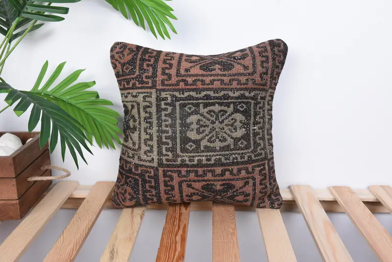 Boho Pillow Sham Cover, Natural Pillow Sham, Throw Kilim Pillow, Cushion Case, Boho Pillow, 14x14 Brown Pillow, Outdoor Bolster Cushion Cover - 1