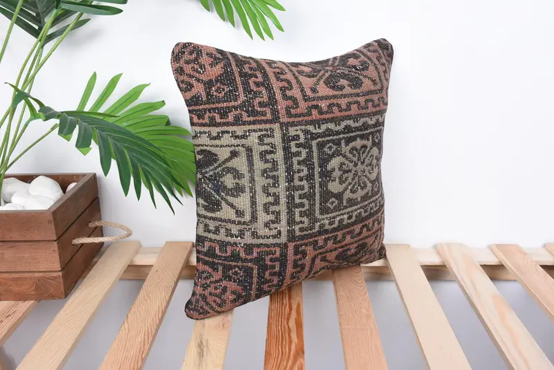 Boho Pillow Sham Cover, Natural Pillow Sham, Throw Kilim Pillow, Cushion Case, Boho Pillow, 14x14 Brown Pillow, Outdoor Bolster Cushion Cover - 4