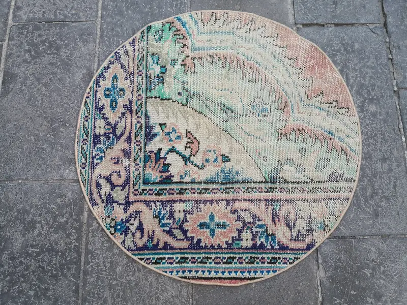 Alfombra Azul con Detalles en Oro Rosa, 2,92x2,92ft Diseño Geométrico