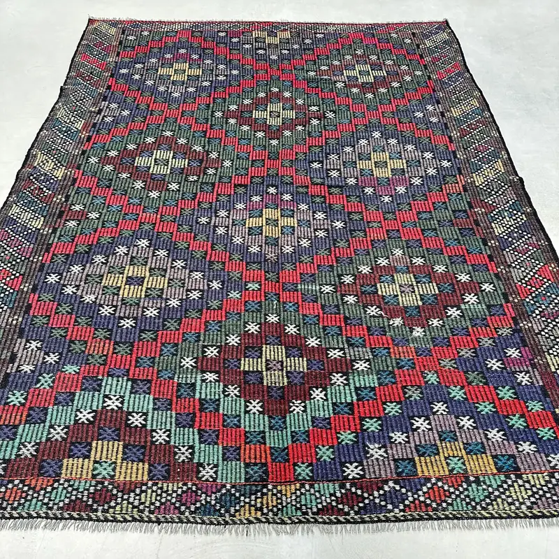 Yeşil & Kırmızı Halı, Geometrik Çiçek Motifleri 6,7x8,7 ft