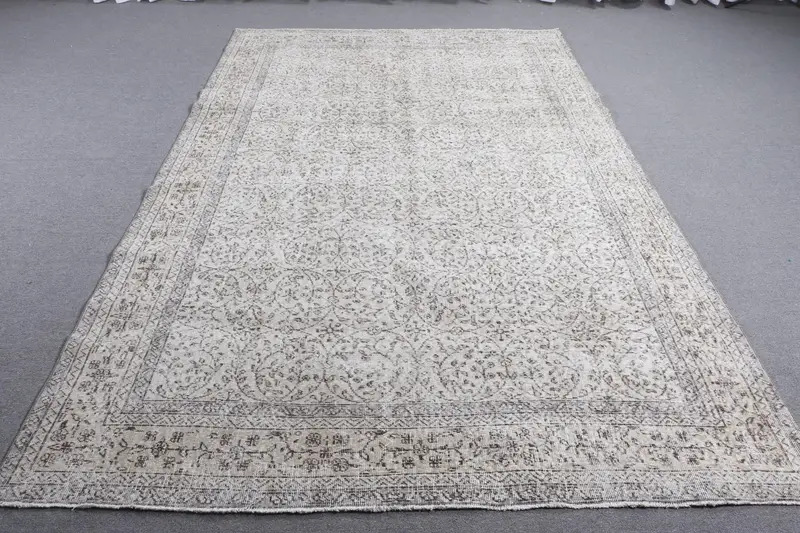 Vintage Türk Halısı 6.4x9.9 ft, Oushak Beyaz Çiçekli Yün Halı - 1