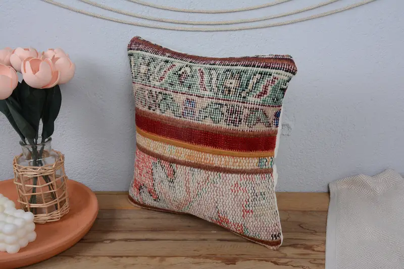 Turkish Bench Pillow, Pillow Cover, Turkish Pillow, Turkish Kilim Pillow, 14x14 Red Cushion Case, Natural Pillow Cover, Kilim Cushion Sham - 4