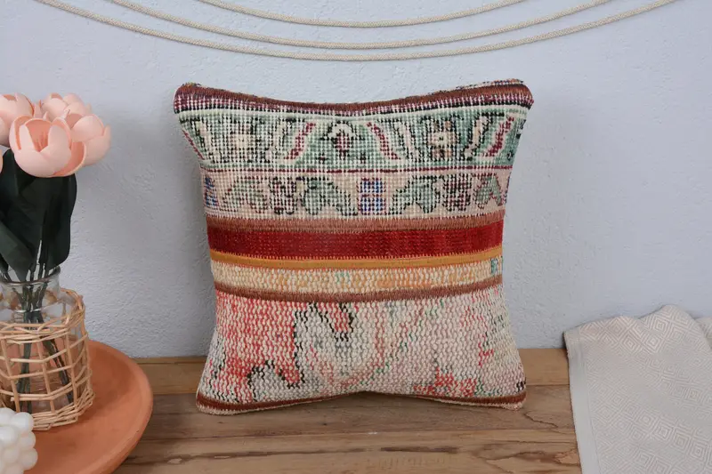 Turkish Bench Pillow, Pillow Cover, Turkish Pillow, Turkish Kilim Pillow, 14x14 Red Cushion Case, Natural Pillow Cover, Kilim Cushion Sham - 2