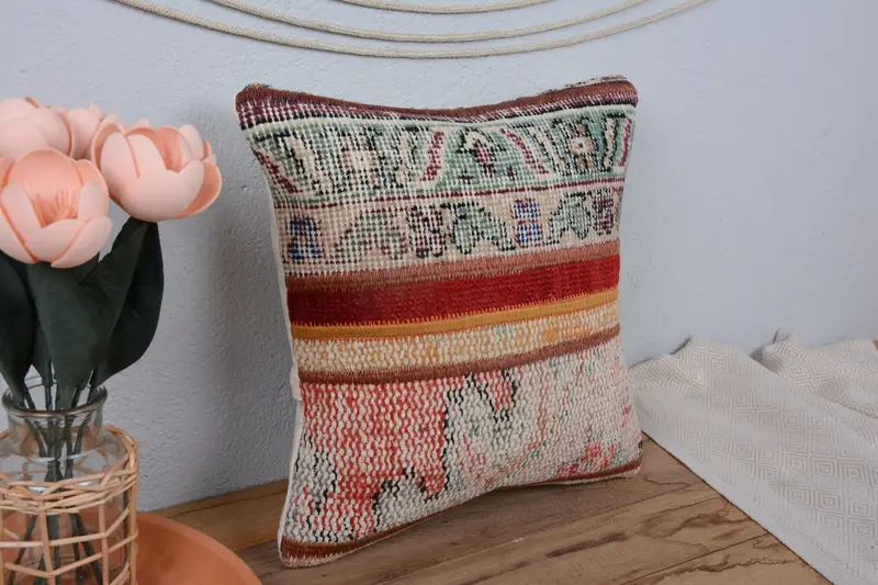 Turkish Bench Pillow, Pillow Cover, Turkish Pillow, Turkish Kilim Pillow, 14x14 Red Cushion Case, Natural Pillow Cover, Kilim Cushion Sham - 1