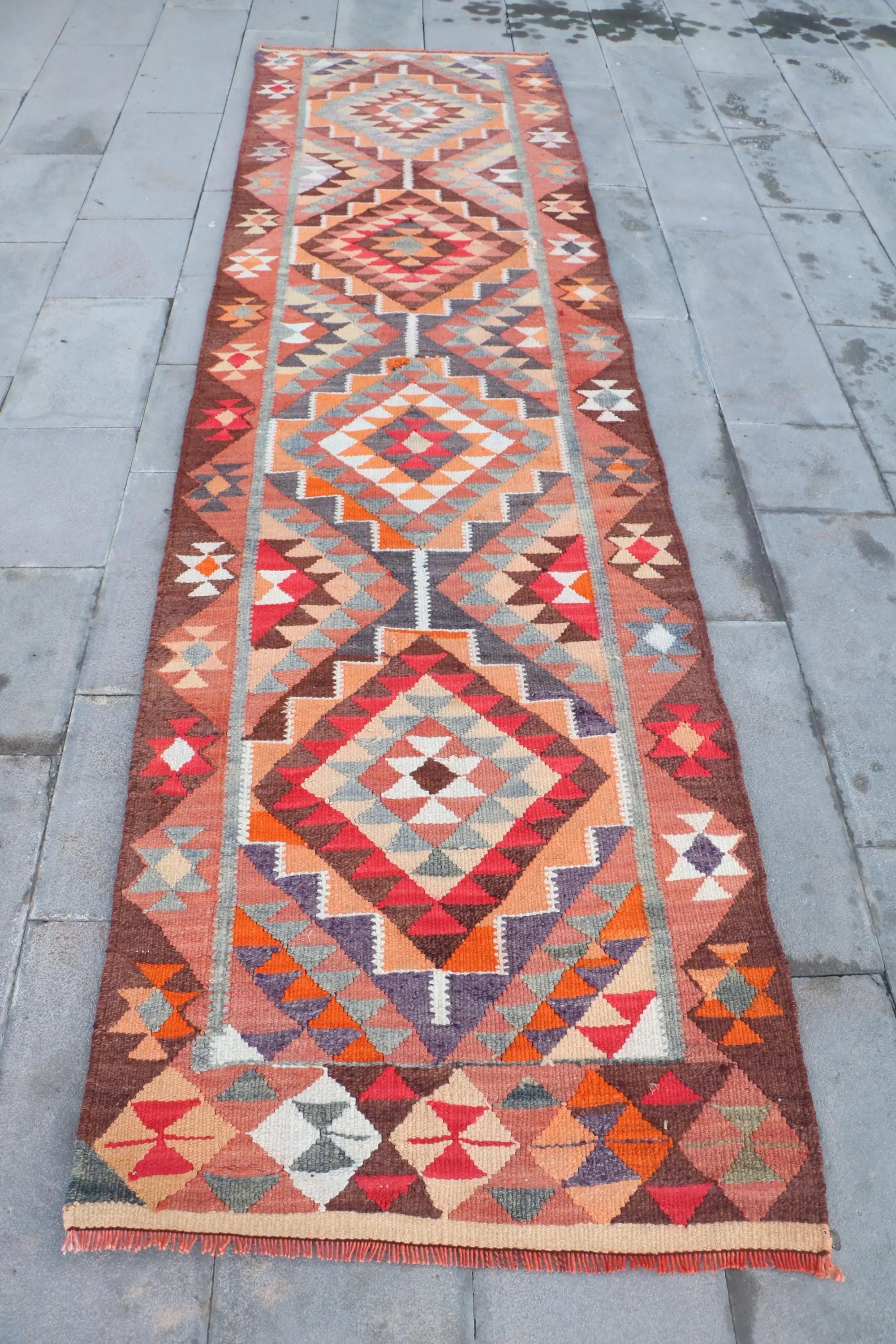 Turkish Vintage Rug, 3x11.4 ft Runner Rug, Red Orange Polka dot Wool Rug - 1