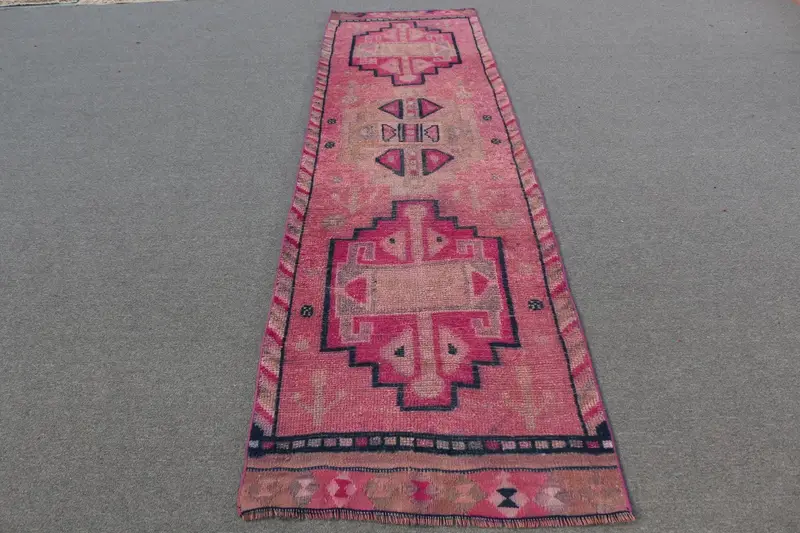 Pink & Blue Rug, 2.8x10.4 ft Botanical Design