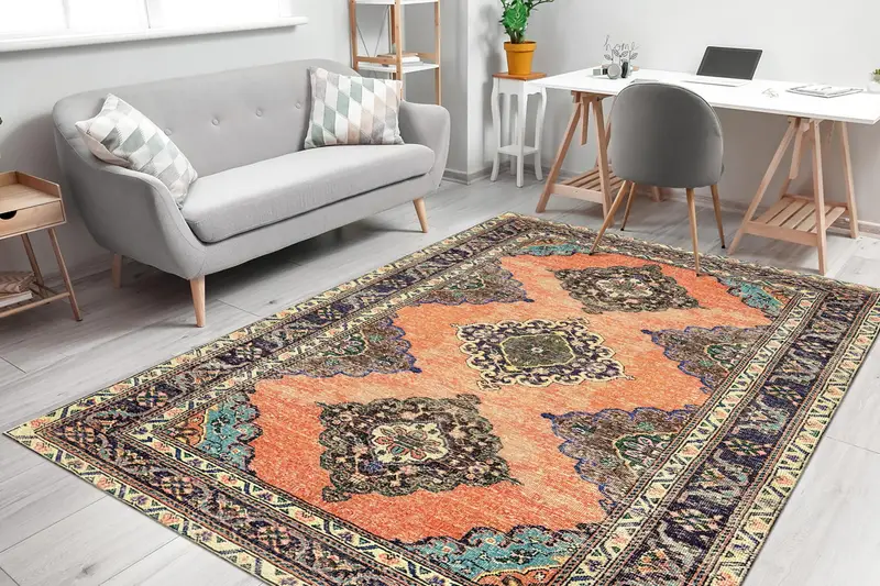 エレガントな花柄ヴィンテージプリントラグ：オレンジ、グリーン、ブラウンの色合い