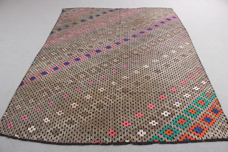 6.4x8.3 ft Vintage Rug, Kilim Rug, Brown Striped Rug Wool - 1