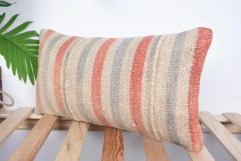 Turkish Kilim Pillow, Pillow Case, Handwoven Pillow Cover Pillow Case, Ethnical Kilim Rug Pillow, 10x20 Beige Cushion Cover, Vintage Kilim Pillow - 5
