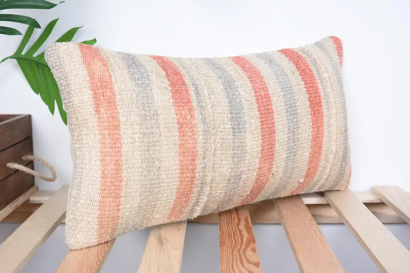 Turkish Kilim Pillow, Pillow Case, Handwoven Pillow Cover Pillow Case, Ethnical Kilim Rug Pillow, 10x20 Beige Cushion Cover, Vintage Kilim Pillow - 4