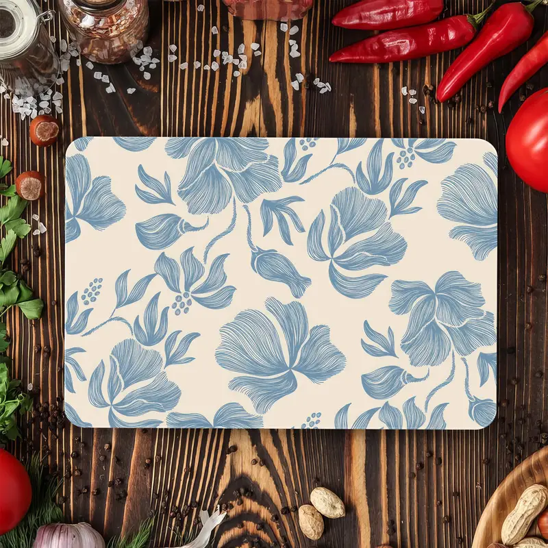 Blue Floral Pattern Glass Cutting Board, Tempered, Anti-Slip Feet