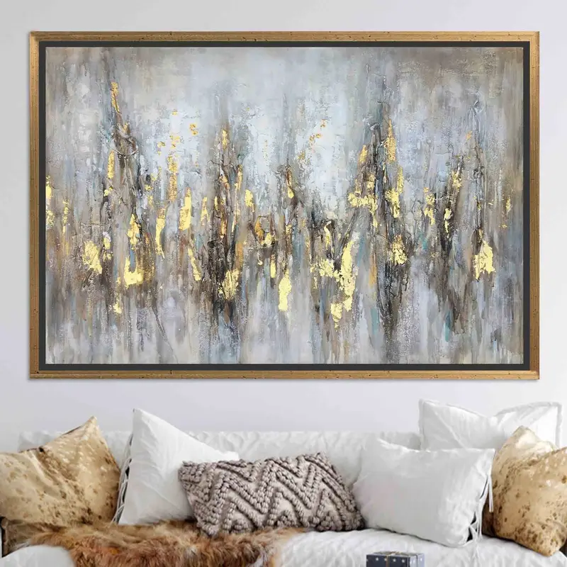 モダンな抽象キャンバス: グレー & ゴールドの現代アート プリント