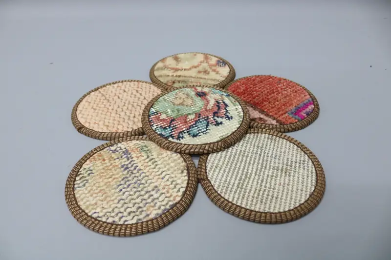 Beige and Red Kilim Coaster, Unique Woven Drink Coaster