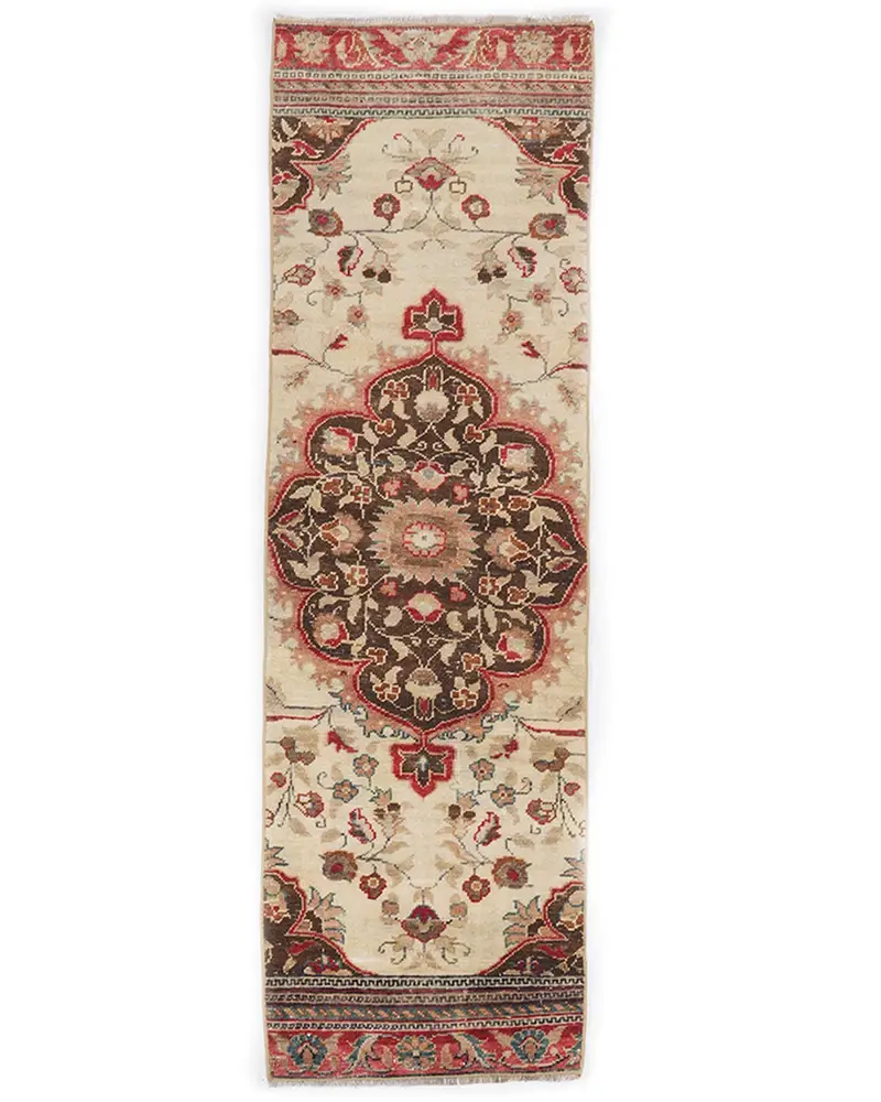 エレガントなベージュ&レッドイカットラグ、1.8x5.9フィート