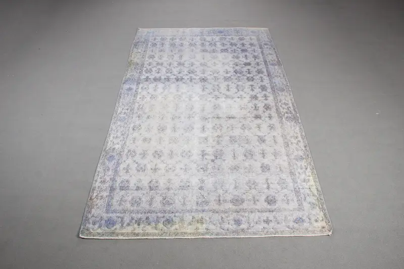 Vintage Halı, 5.1x8.9 ft Türk Halısı, Mavi Beyaz Patchwork Yün Halı - 1