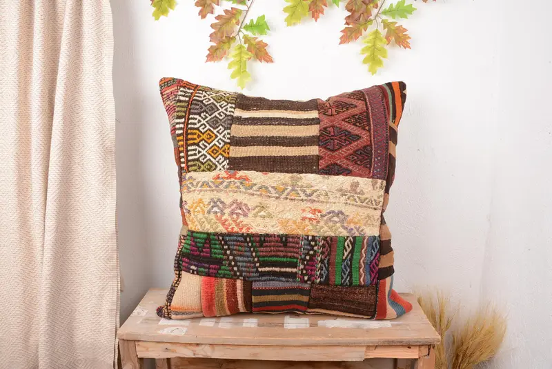 Embroidered Brown & Bronze Patchwork Throw Pillow, Vintage Cushion