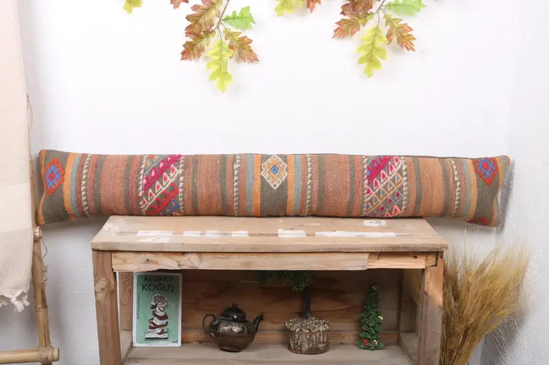 Handmade Brown & Red Striped Pillow, Vintage Rectangle Throw Pillow