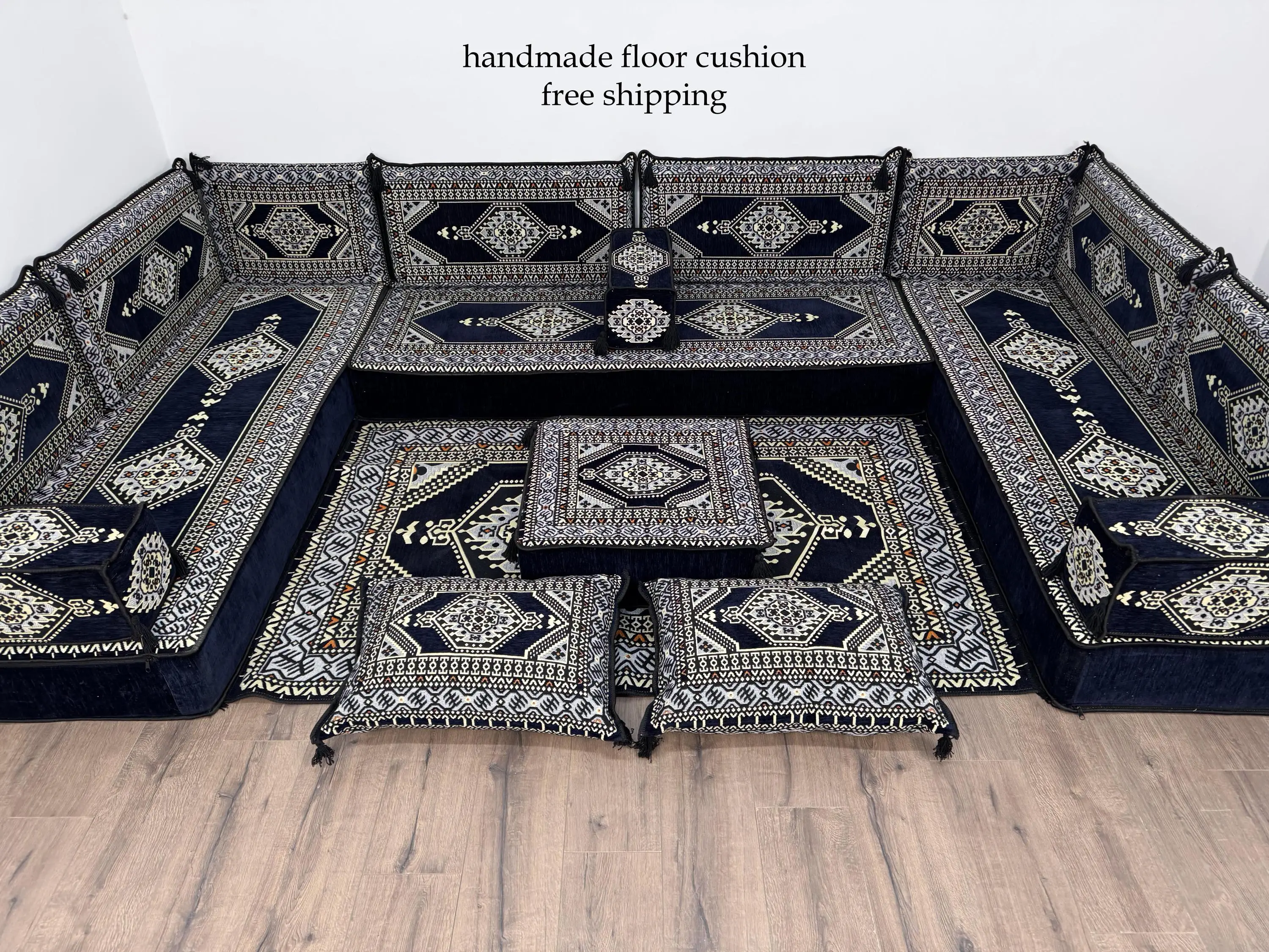 Viktorianischer Ottoman in Blau und Beige, modularer U-förmiger Sitzhocker - 1