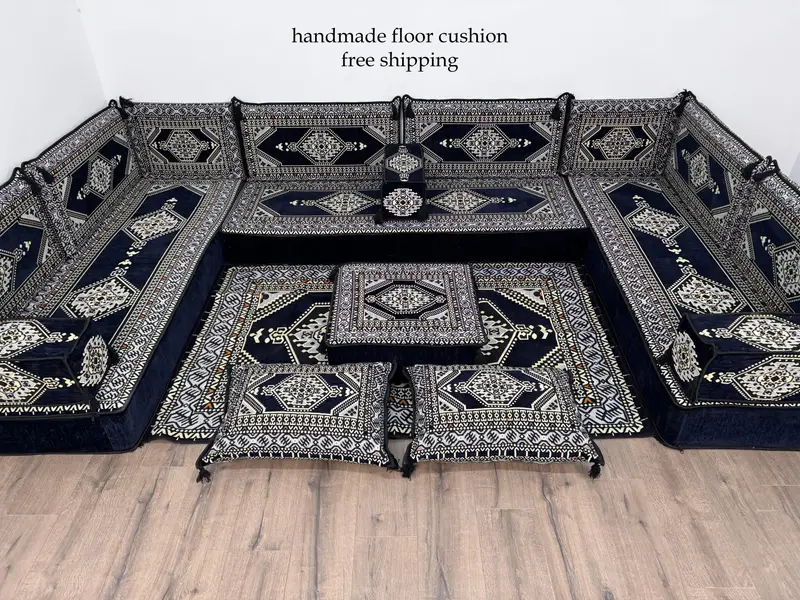 ビクトリアン ブルー & ベージュ オットマン、モジュラー U 字型座席オットマン