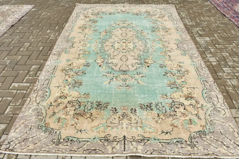 6,3x10,1 ft Teppich, türkischer Vintage-Teppich, grüner Oushak-Wollteppich - 1