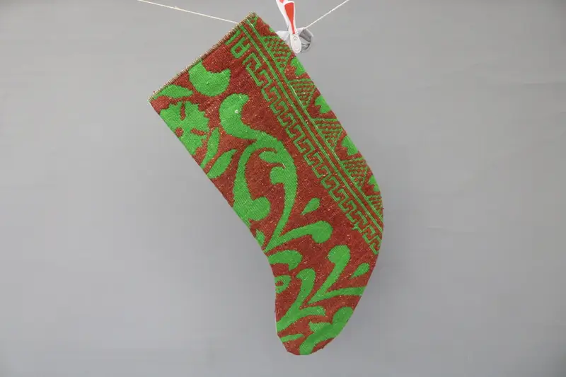 Brown & Green 9-Inch Christmas Stocking, Festive Ornament Patterned Stocking