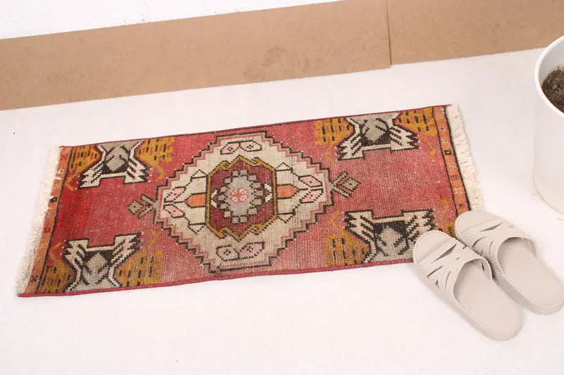 1,3x2,9 ft türkischer Vintage Teppich, kleiner Teppich, roter Oushak Südwestteppich - 1
