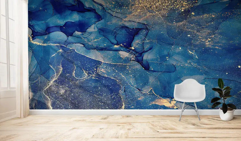 Lüks Mermer Baskılı Duvar Kağıdı: Zarif Pırıltılı Mavi ve Altın Tasarım