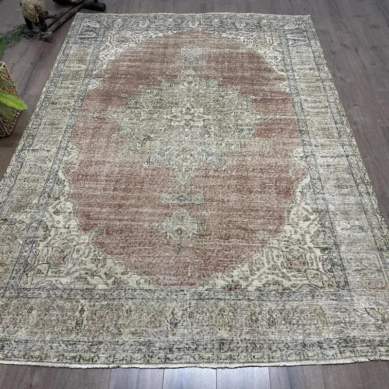 6.3x9.2 ft Vintage Rug, Turkish Large Rug, Brown Plants & trees Wool Rug - 1