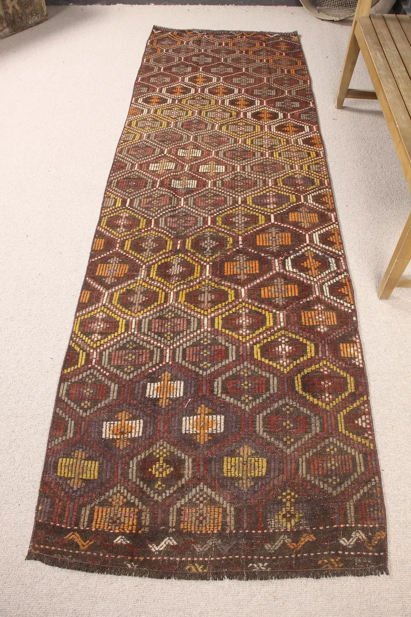 Alfombra de patchwork marrón y morado, decoración elegante de 3 x 9,6 pies