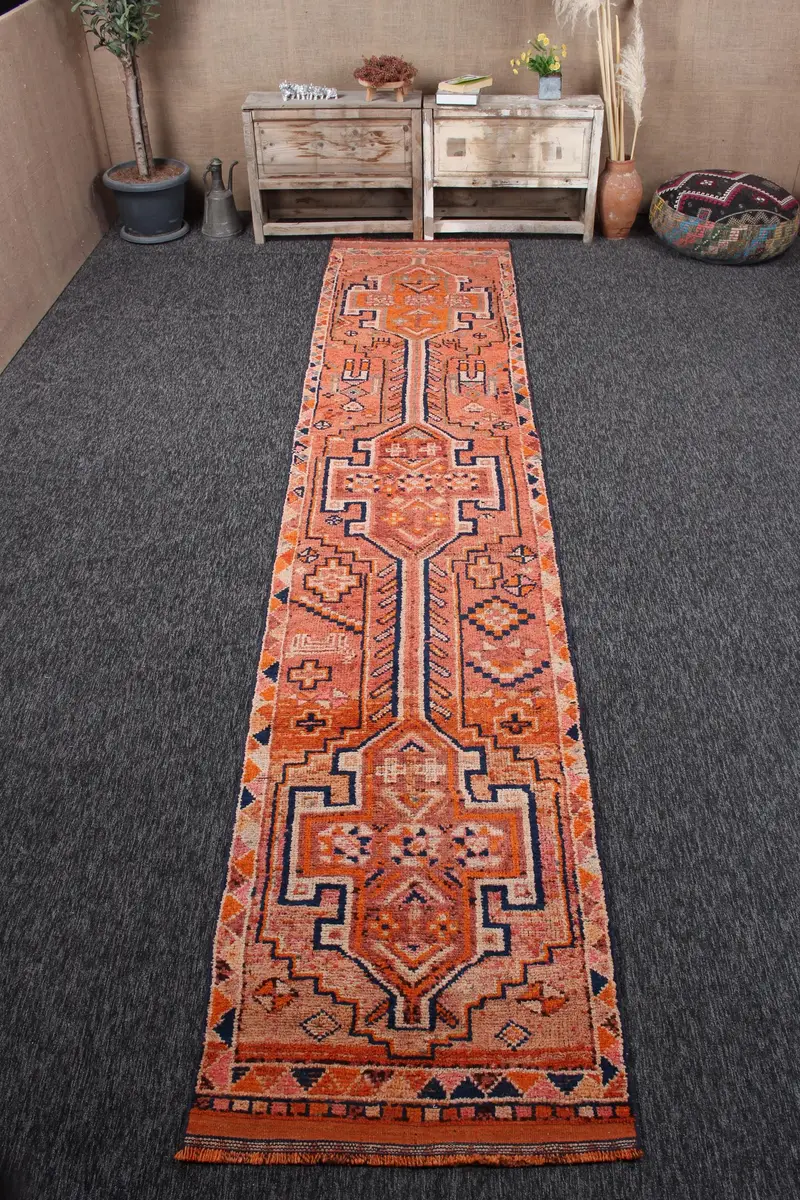 2.7x13.8 ft Vintage Halı, Türk Yolluk Halısı, Turuncu Mavi Kareli Halı - 1