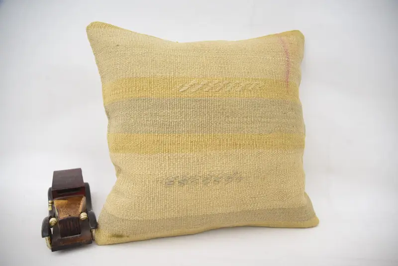 Comfy Throw Pillow Case, Boho Pillow Sham Cover, Throw Kilim Pillow, 16x16 Beige Pillow Case, Gift Pillow, Pillow Cover, One Of A Kind Pillow Sham - 2