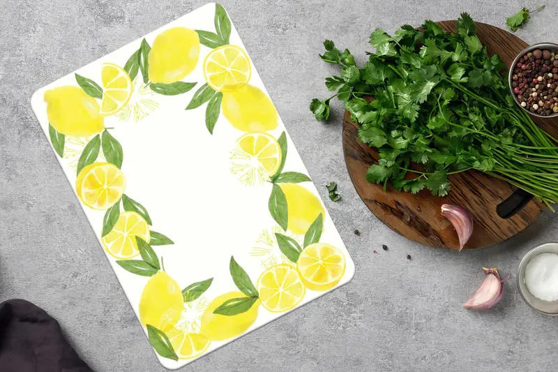 レモン柄ガラスまな板 イエロー 滑り止め脚