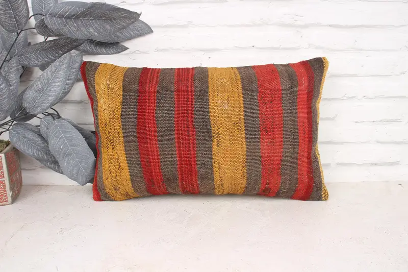 Handmade Kilim Cushion, Pillow Cover, Oriental Cushion Cover, Kilim Cushion Sham, 12x20 Red Pillow, Pastel Pillow Case, Boho Pillow - 1