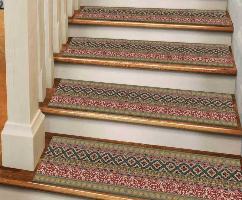 グリーンキリムデザインプリントラグ：幾何学模様のアステカボヘミアン階段ラグ