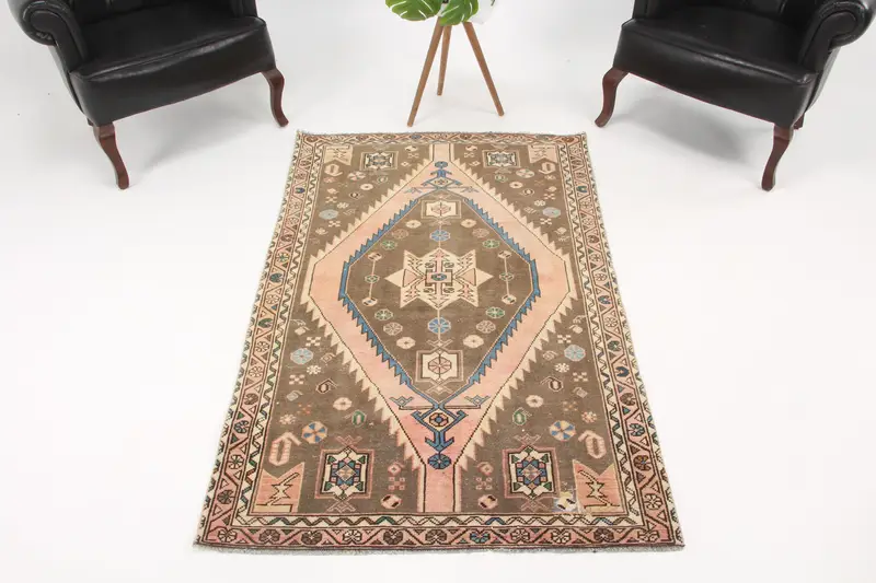 Oushak Vintage Teppich, 3,5x5,7 ft türkischer Teppich, brauner Ombré Wollteppich - 1