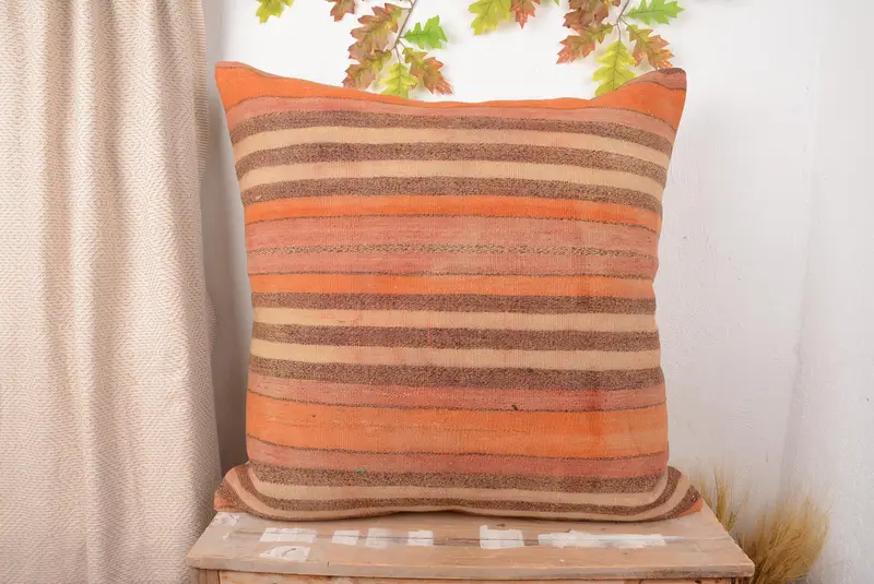 Orange & Brown Striped Throw Pillow, 32x32 Embroidered Cushion