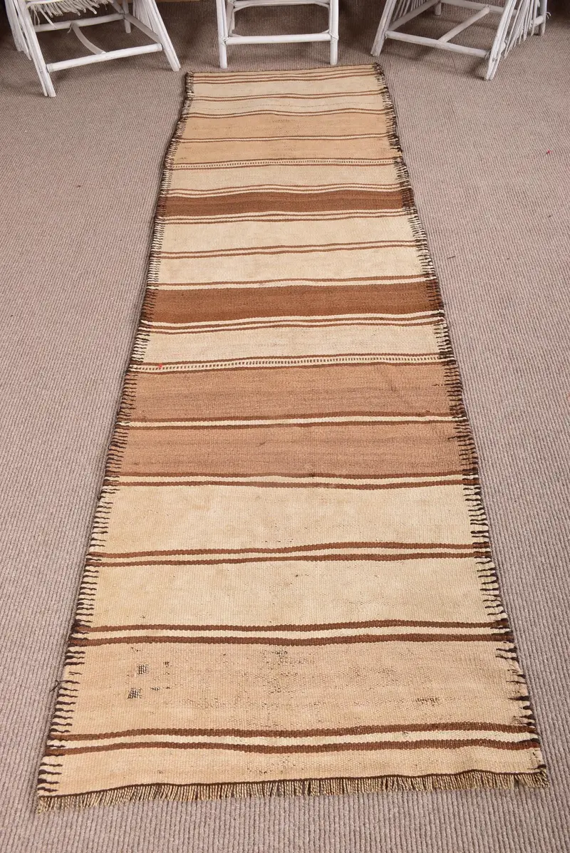 Türk 2.7x9.8 ft Halı, Runner Vintage Halı, Kahverengi Beyaz Geometrik Yün Halı - 1
