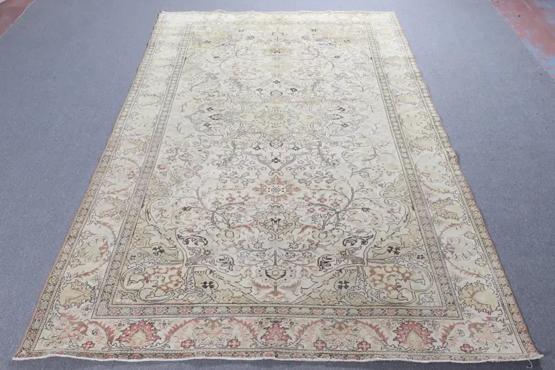 6.4x9.7 ft Large Turkish Rug, Vintage Rug, White Brown Floral Wool Rug - 1