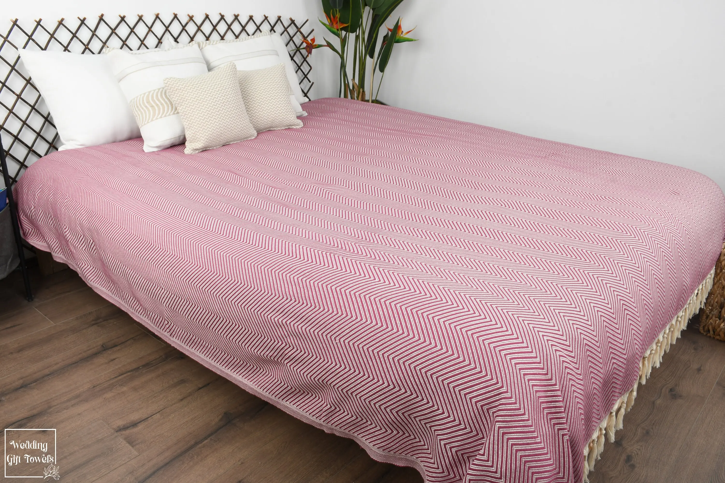 Striped Turkish Cotton Blanket Beige Chevron Pattern, 79x91 Inches - 1