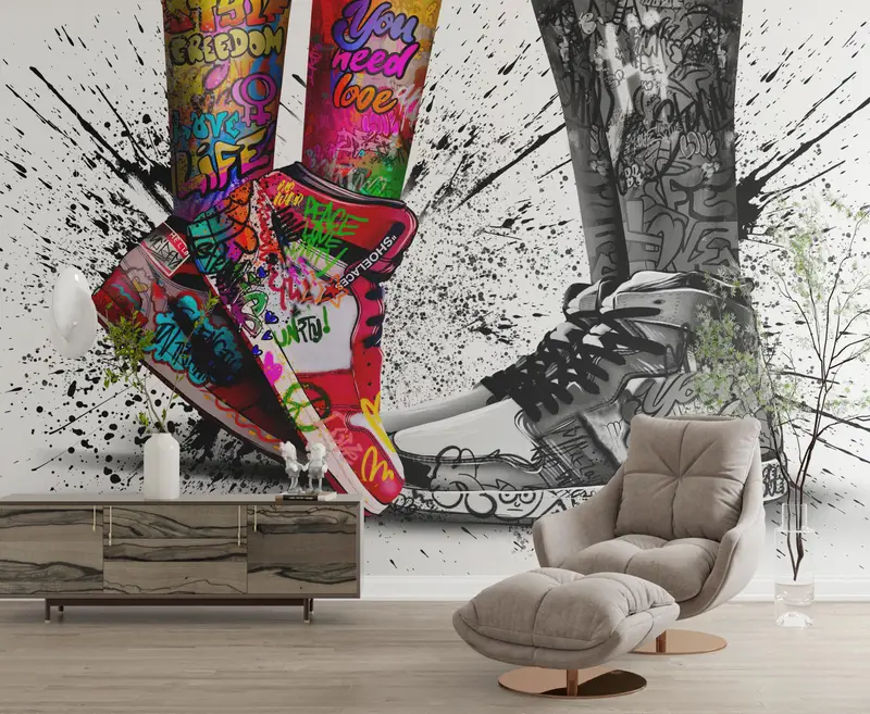 Elegante Graffiti-Liebestapete: Bedruckte Air Jordans und Schuhkunst