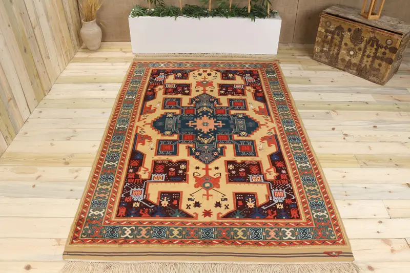 Handmade Beige & Red Rug, 0.4x7.9 ft Abstract Design