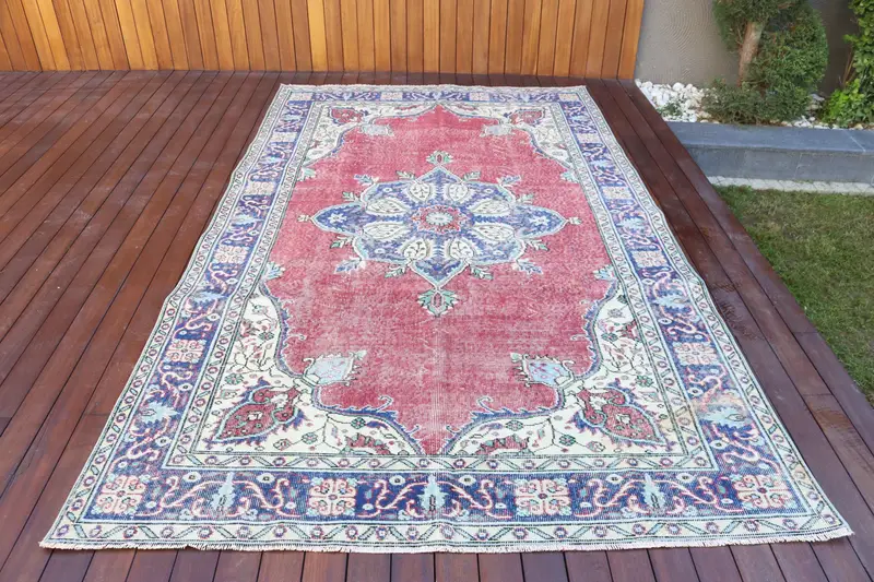 5.9x9.5 ft Large Vintage Rug, Red Southwestern Turkish Rug - 1
