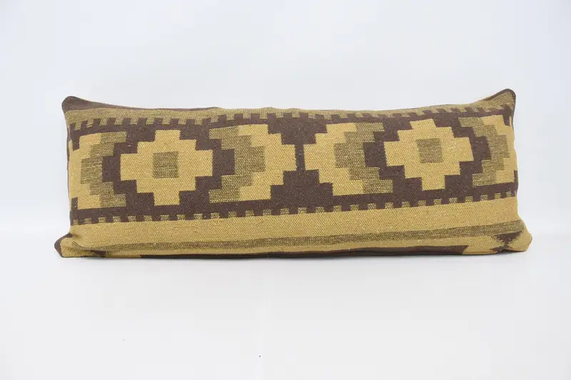 Turkish Rectangle Pillow, 16x42 inch Geometric DesignerBrown Moroccan Wool Cushion Cover - 1
