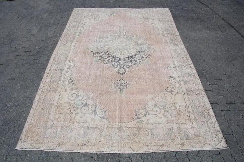 Vintage Oushak Halı 6.9x10.5 ft, Pembe Mavi Yün Türk Halısı - 1