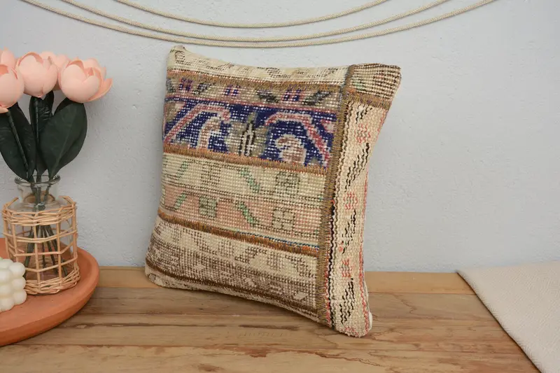 Tribal Pillow, Kilim Pillow, Kilim Pillow Cover, Authentic Pillow Cover, 14x14 Blue Pillow Case, Ottoman Pillow Case, Vintage Pillow, Cushion Cover - 4