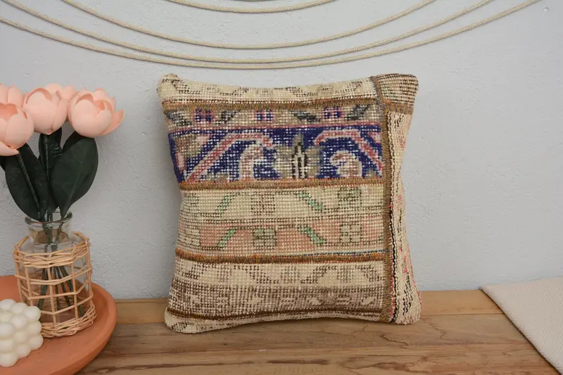 Tribal Pillow, Kilim Pillow, Kilim Pillow Cover, Authentic Pillow Cover, 14x14 Blue Pillow Case, Ottoman Pillow Case, Vintage Pillow, Cushion Cover - 2